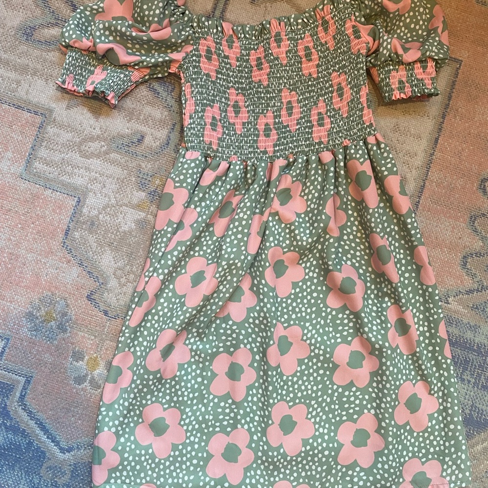 cute vintage medium pink and green floral retro pastel dress flowy skirt